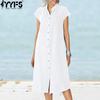 YYFS Women's Fashion Summer Spring Solid Color Print Short Sleeve Stand-collar Loose Waistline Casual Dresses