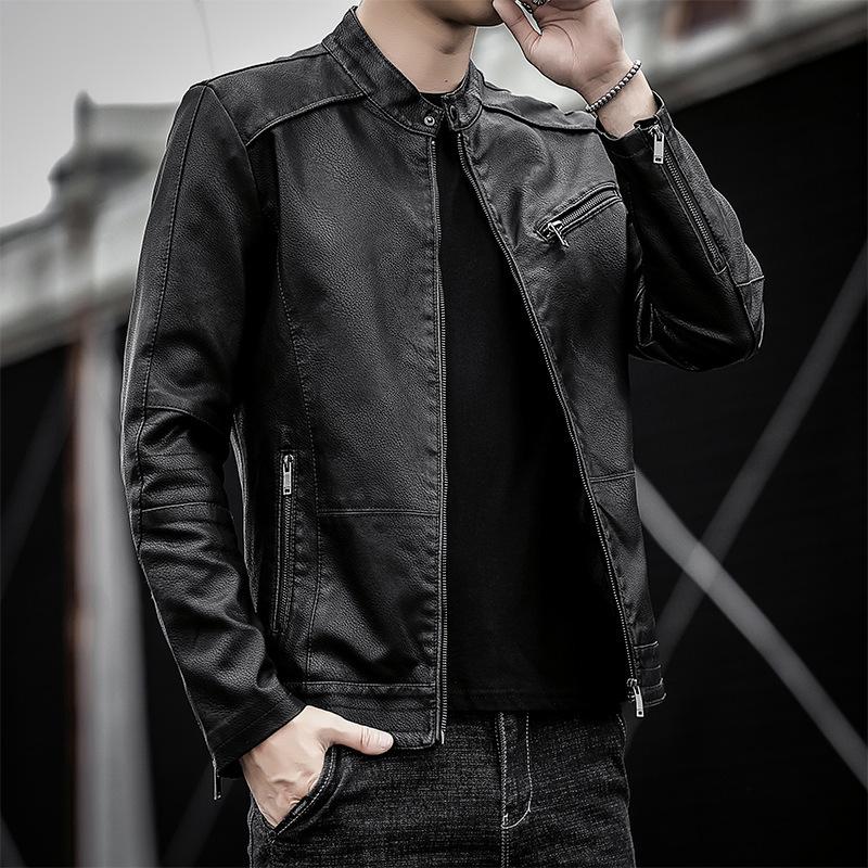 Осенне-зимняя мужская повседневная кожаная куртка, мужская куртка-локомотив, корейская версия, облегающая куртка из искусственной кожи для молодежи, тонкий бархат