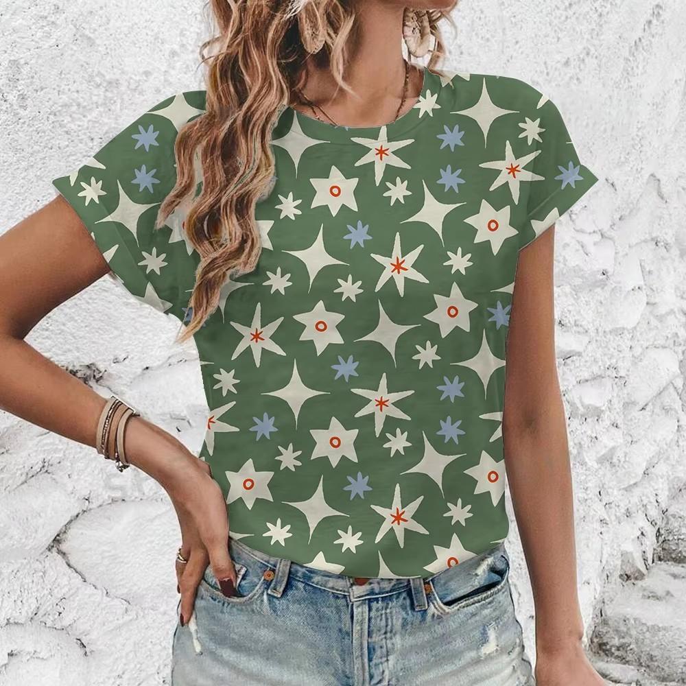 Women's T-Shirt Fashion Retro Floral Pattern Print T-Shirt Women's Leisure Short Sleeve T-Shirt Summer Oversized T-Shirt Tops