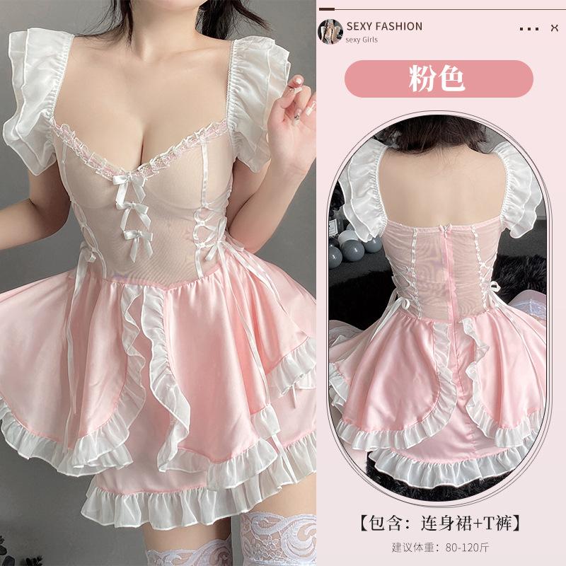 Brand large size female sexy cute maid small chest see-through outfit butterfly lace medium maid skirt
