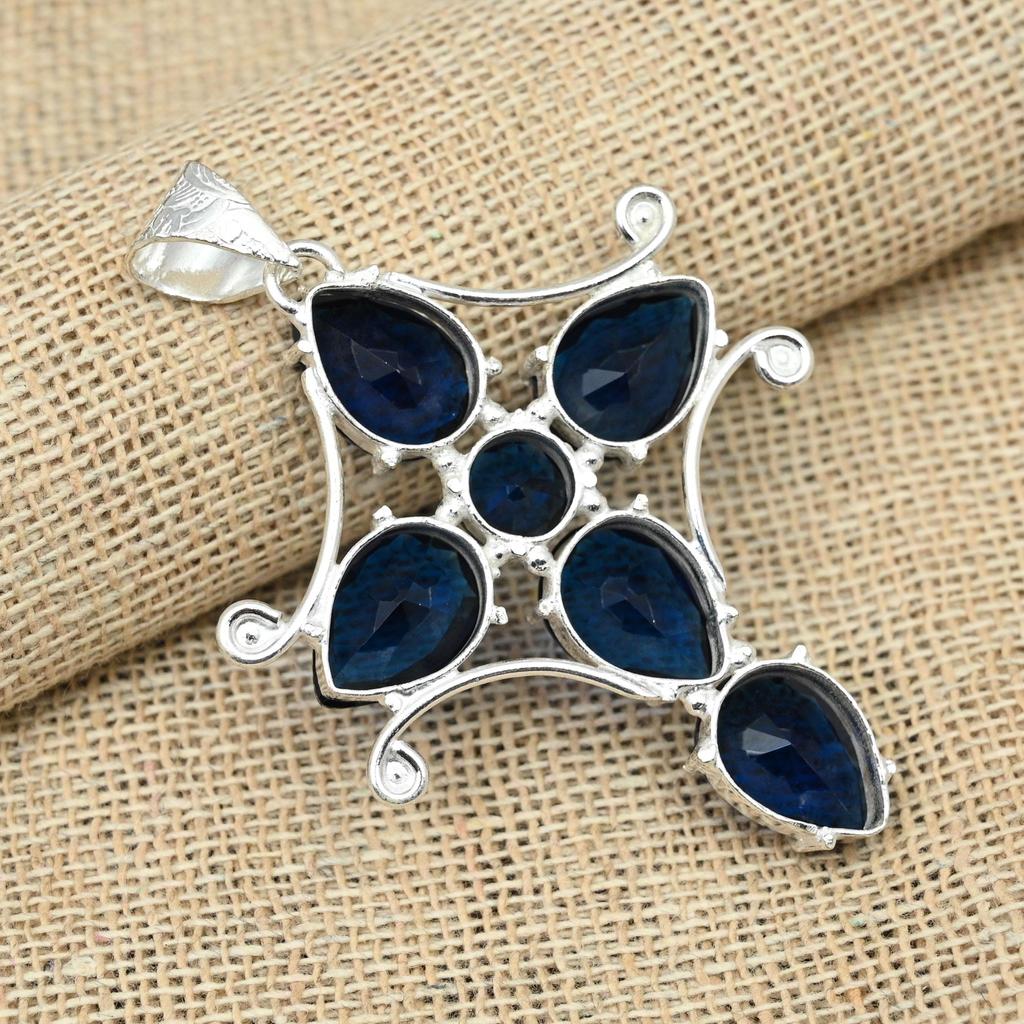 925 Sterling Silver Blue Sapphire Lab-Created Jewelry Handmade Gemstone Fancy Pendant