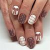 Pack Of 24 Short Square Glossy False Nail Autumn Winter Coffee Brown Bowknot Checkered White Polkas Dots ABS Material Artificial Nail