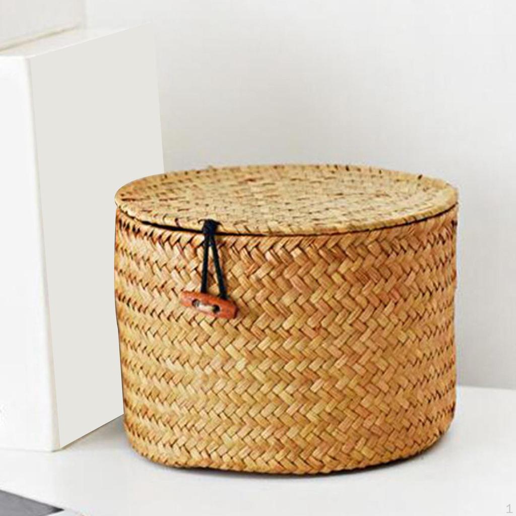 Round Basket Storage Wicker Household Organizer Box With Lid Seagrass Laundry Basket For Bathroom