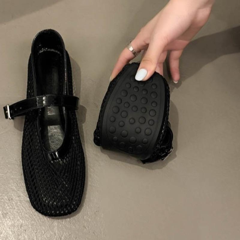 Fashion Fishing Net Hollow Women's Shoes Summer New Square Toe Shallow Mouth Flat Mesh Casual Mary Jane Soft Sole Single Shoes