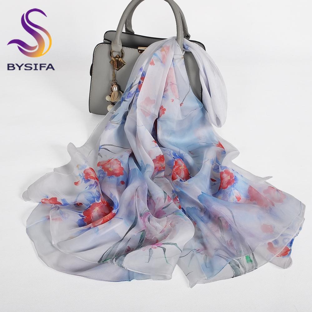 [BYSIFA] Сине-зеленый шарф-палантин из 100% шелка тутового шелкопряда, зимний цветочный дизайн, шифоновые длинные шарфы-шали, женский пляжный платок, эшарпы