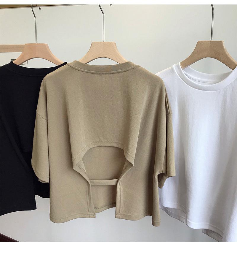 Backless Round Neck Short-Sleeve T-Shirt for Women - Trendy Sweet & Spicy Korean Style Summer 2025