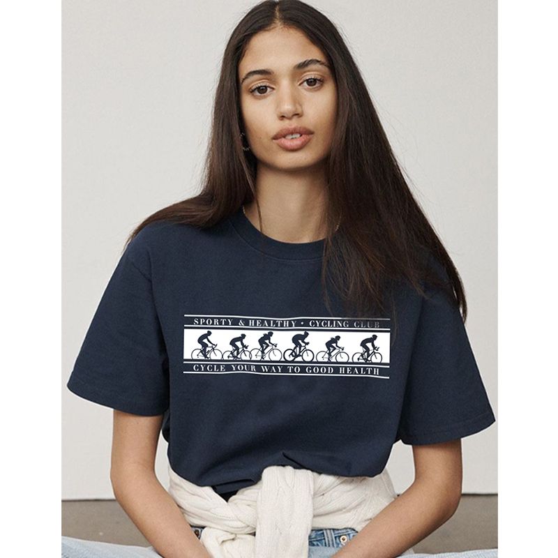 Niche American vintage Sports Style Cycling Girl Print Fitness Running Loose Cotton Shoulder Short sleeve T-shirt