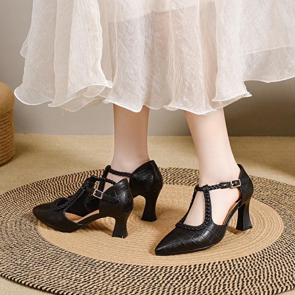 Pointed high-heeled sandals women's 2025 summer European and American style hollow T-button woven thin-heeled hollow sandals fashion shoes