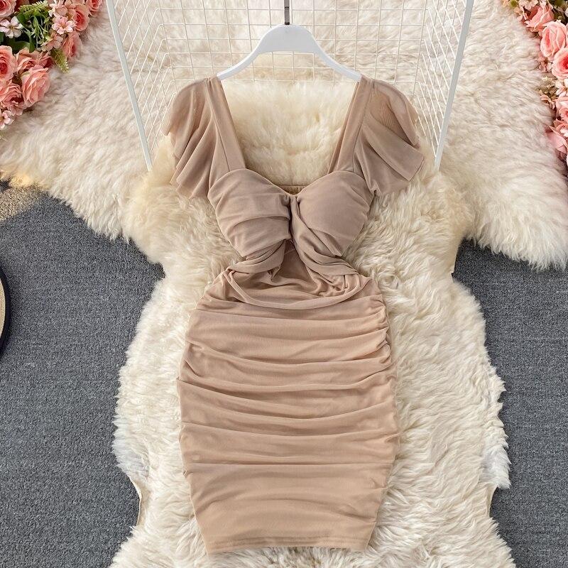 Сексуальное платье с короткими рукавами, высокой талией, облегающее, плиссированное, с квадратным вырезом, облегающее бедра