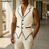 Men Notched Lapel Sleeveless Irregular Stitching Casual Thin Vest Waistcoat