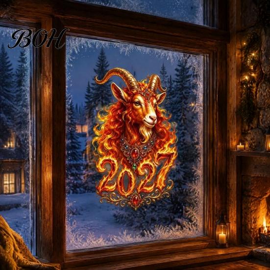 Decorative Glass Sticker for Doors Chinese New Year Window Sticker, 2027 Goat Static Clings, Celebration Art Reusable Lunar Xmas Decor Home