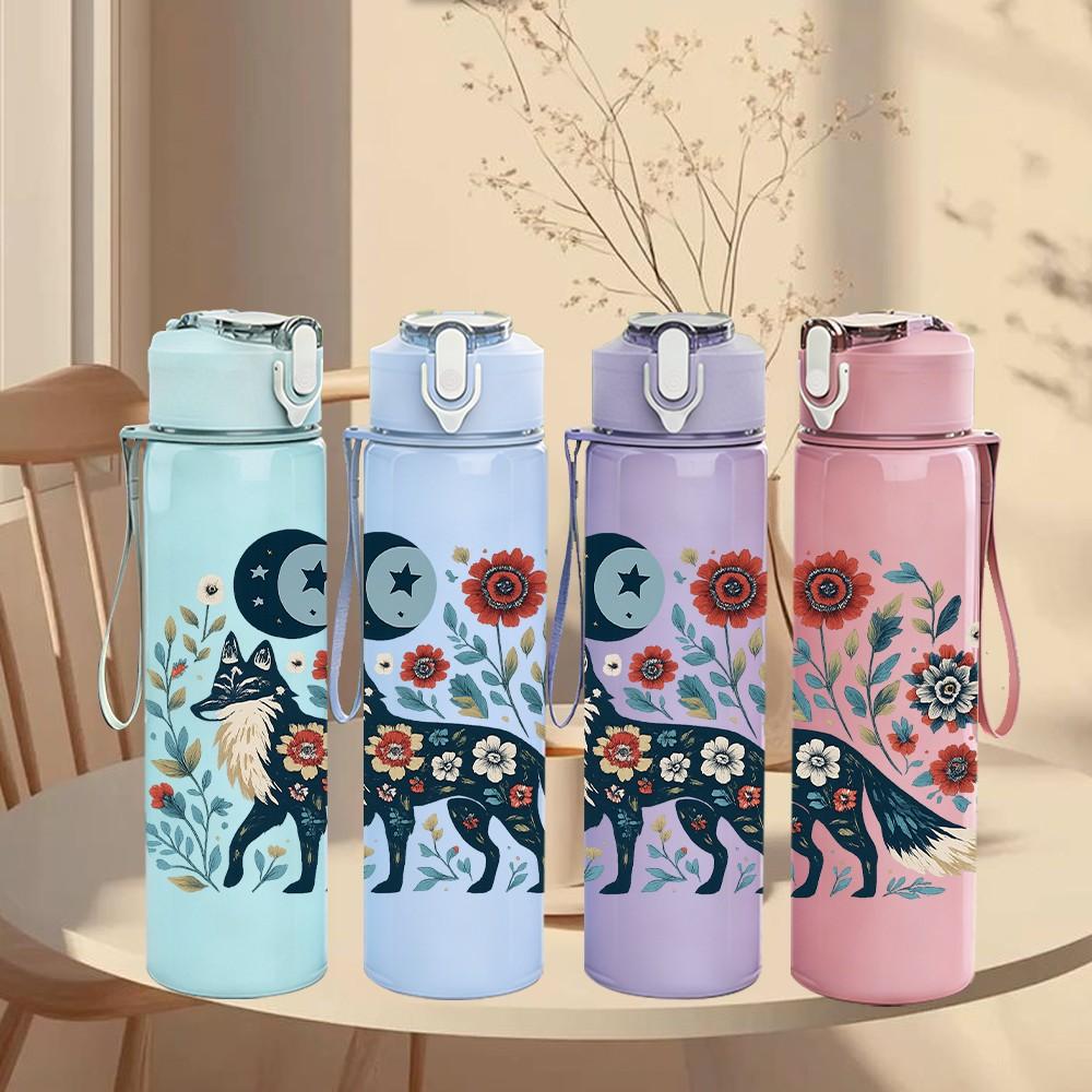 1PC Moon Floral Fox Pattern 750ml Color Plastic Sports Water Bottle Leakproof Flip Straw Lid Suitable for Sports Office Home Use