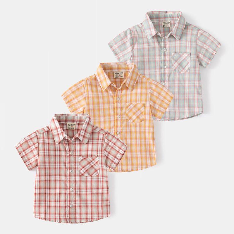 Children's Clothing Summer Boys' Casual Shirts Small and Medium-Sized Children's Lapel Plaid Shirts Cotton Comfortable Children's Short-Sleeved Tops