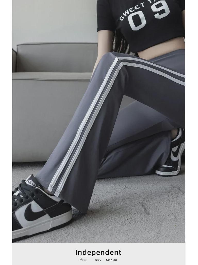 Women's High-Waist Shark Flared Pants with Side Stripes - Slim Fit Barbie Trousers for Spring Outerwear