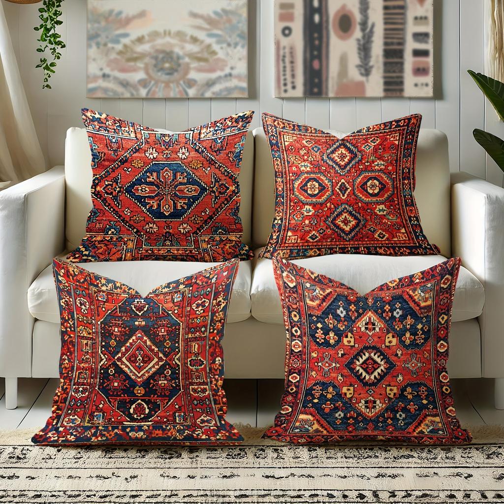 Exquisite Ethnic - Style Pillow Cover: Intricate Geometric Patterns In Vibrant Reds and Blues,Sofa Decoration Cushion Cover