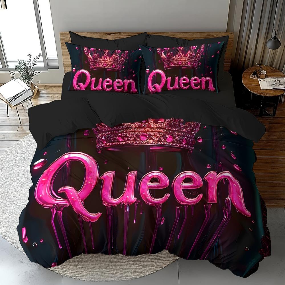 3pcs Bedding Set Pink Queen Crown 3D Print Cozy Duvet Cover King Queen Twin Size Birthday Gift for Adult Girl Bedroom Decoration
