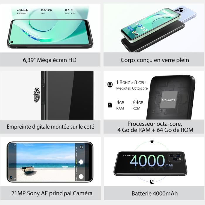 OUKITEL C21 Pro Smartphone 64 Go 6.39" 21MP Caméra Android 11 Téléphone portable Double Sim GPS - Noir