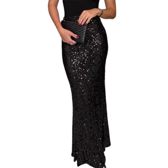 Maxi Skirt High Waist Solid Color Long Skirt with Shiny Sequin Decoration Home Commuting Street Leg-lengthening Skirt