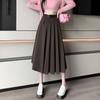 Winter Woolen Pleated Skirt for Women Elegant Fashion High Waist A-line Midi Black Skirts Office Ladies