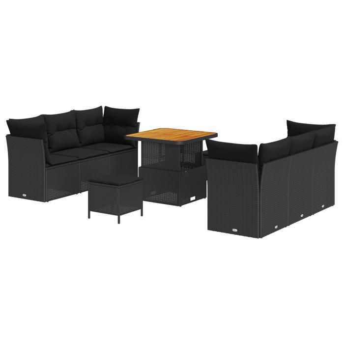 Canapé de jardin 9 pièces avec coussins Noir Rotin poly Acacia, Salle à manger de jardin 3 pièces avec coussins Noir Rotin 3363384