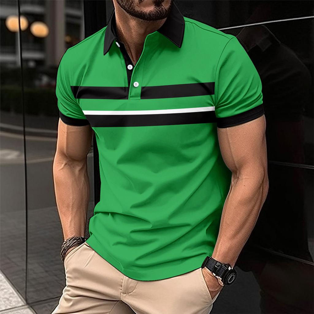 New Men's Casual Polo Shirt with Collar and Buttons Versatile Business Digital Stripe Print Top