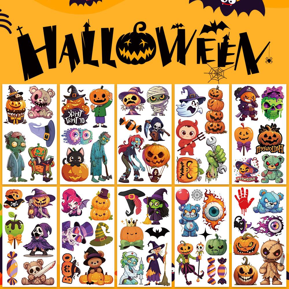 10sheets Cartoon Halloween Pumpkin Tattoo Stickers For Face Body Temporary Decorative Tattoo Stickers Kids Festival Party Gifts