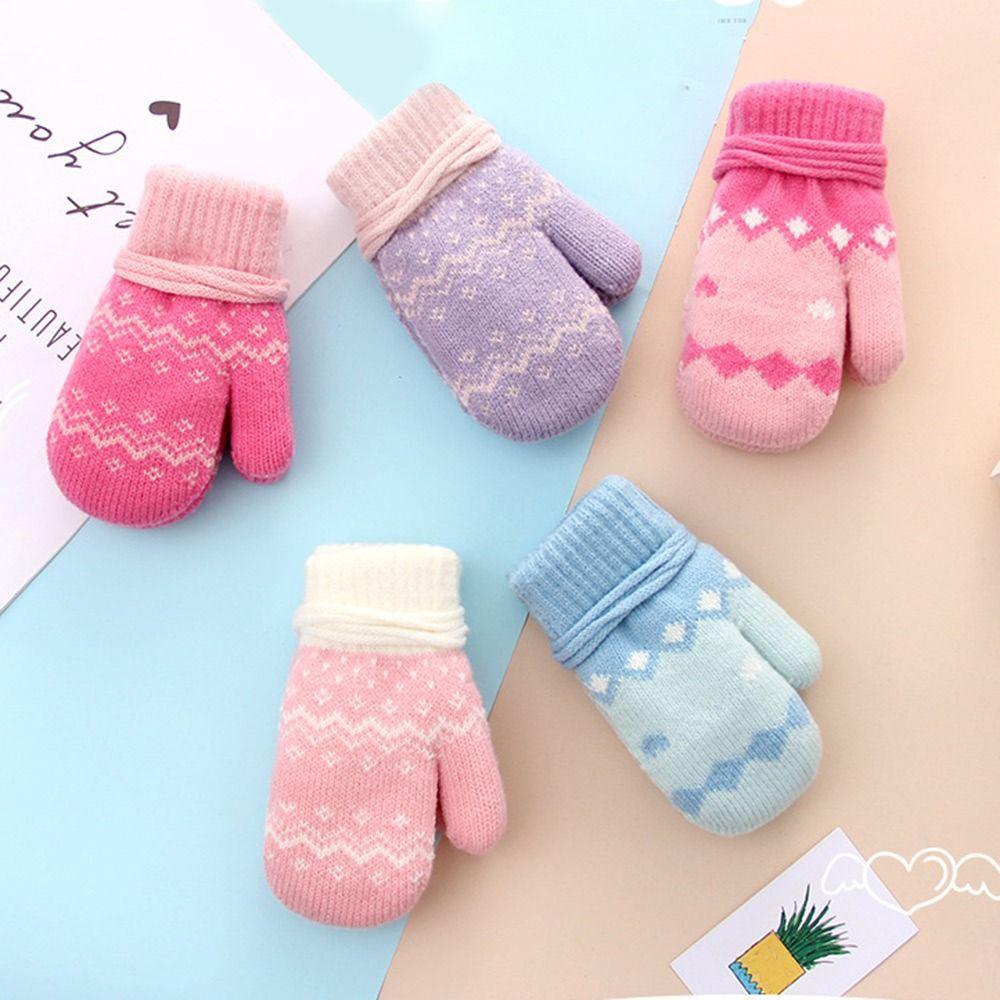 Утепленные детские вязаные перчатки с веревочкой для шеи Теплые варежки Осенне-зимние перчатки Мальчики Девочки