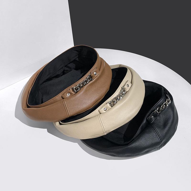 Женская мода винтаж элегантный металлическая цепочка кожа восьмиугольный берет дамы винтажные однотонные береты