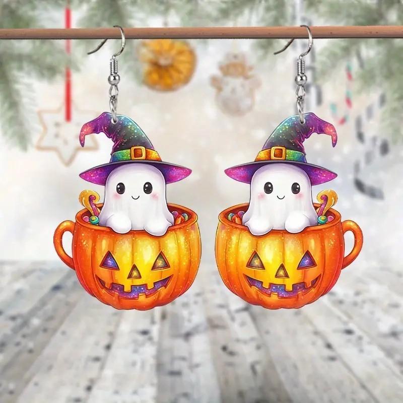 Halloween Themed Ghost Pumpkin Pot Pattern Women Acrylic Earrings Festival For