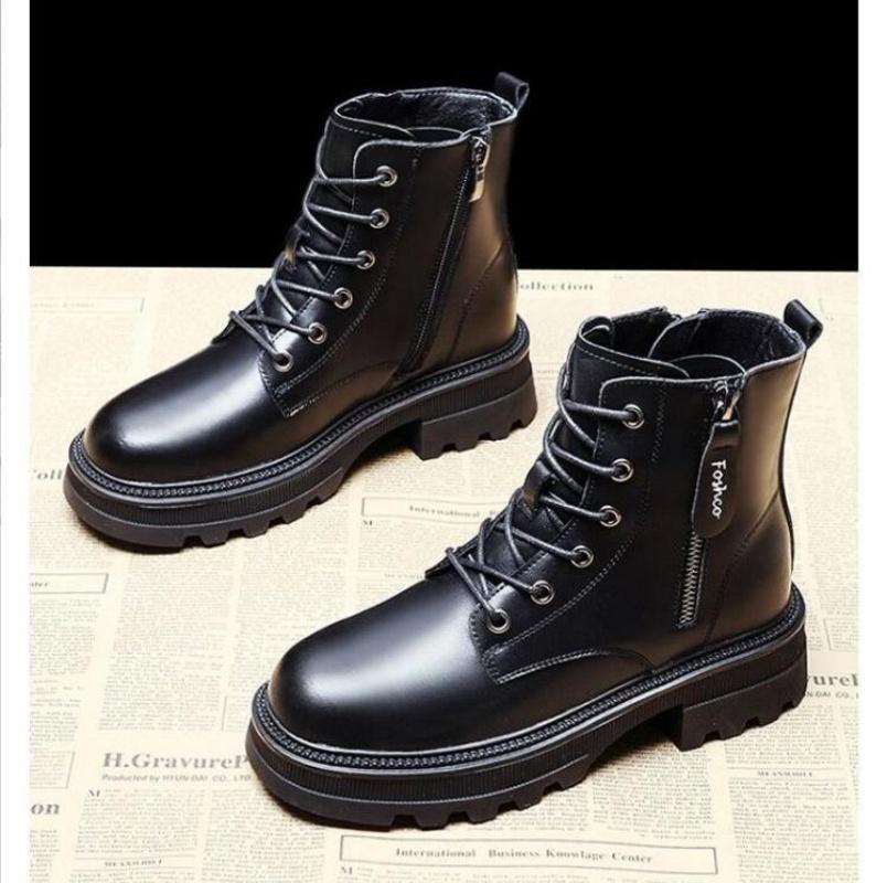 Ботильоны из искусственной кожи на платформе, женские, со шнуровкой, на молнии, утолщенные, плюшевые, зимние, женские, нескользящие, теплые, из хлопка