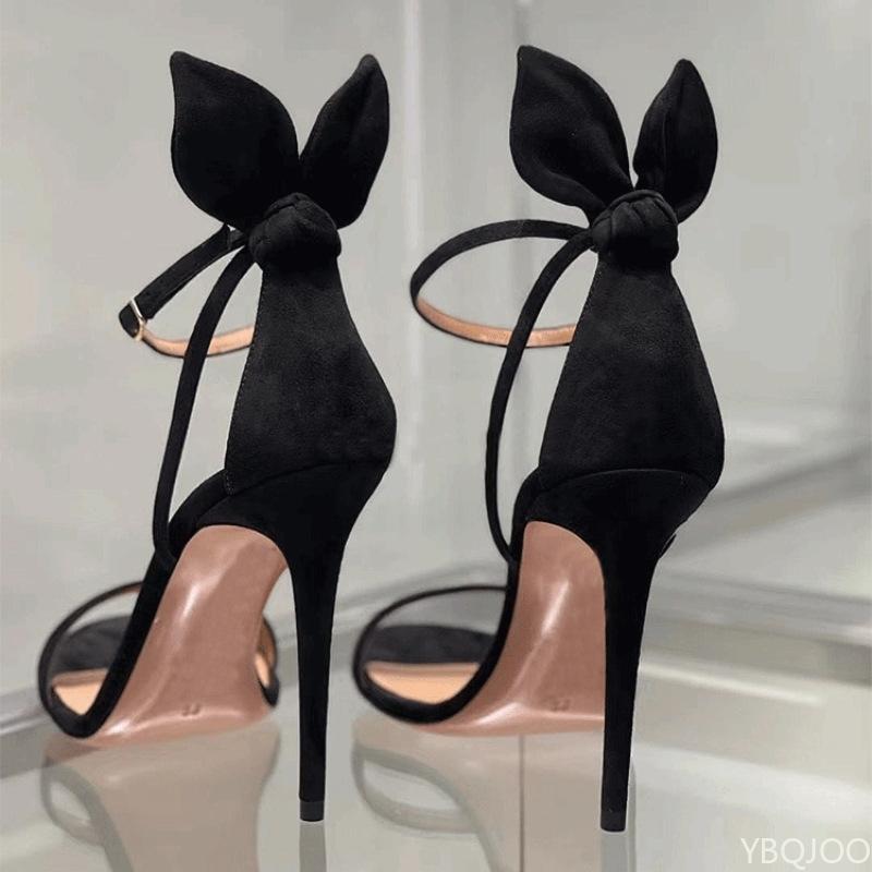 2025 Новые модные минималистичные туфли на каблуке с открытым носком, женская обувь, летние женские сексуальные универсальные сандалии с ушками кролика, черный бант