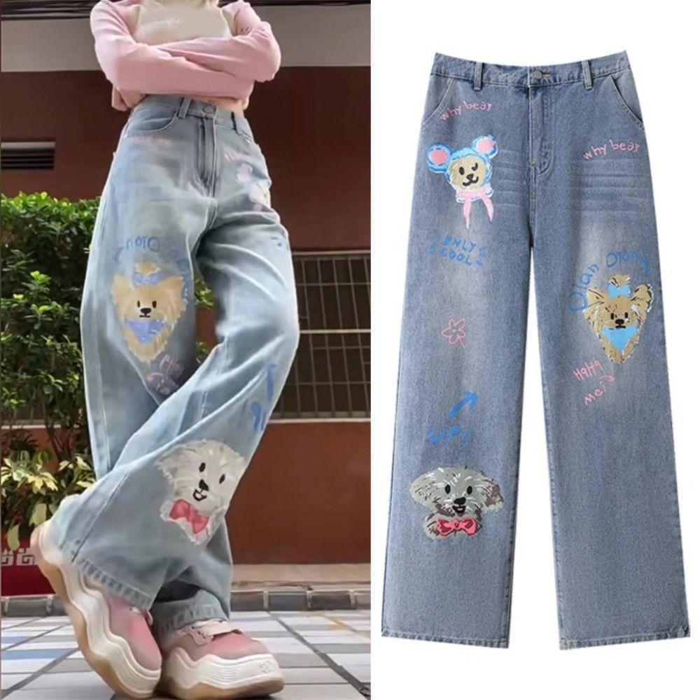 Прямые джинсовые брюки Ins Милые мультяшные ковбойские штаны Джинсы Харадзюку Женские Y2K Весна Осень