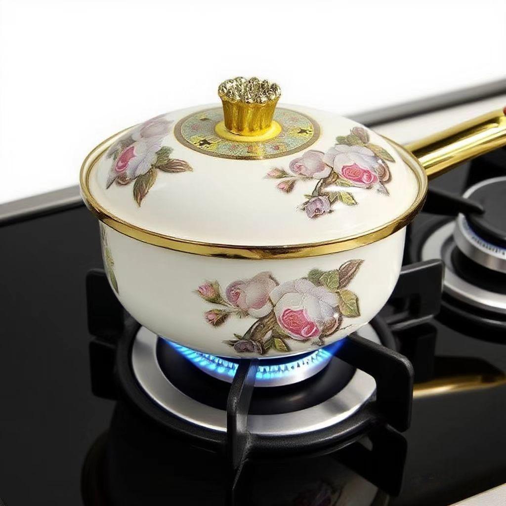 Универсальный эмалированный фарфоровый ковш с одной ручкой для молока, супа, лапши и детского питания - Совместим с индукционными/газовыми плитами