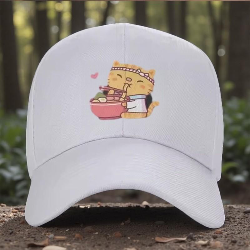 Cute Cat Eating Noodles Trucker Hat Adjustable Snapback Cap Casual Outdoor Anime Style