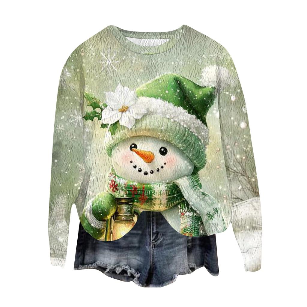 Women's Fashion Round Neck Pullover Top Long Sleeve Tee Christmas Printed Sweatshirt