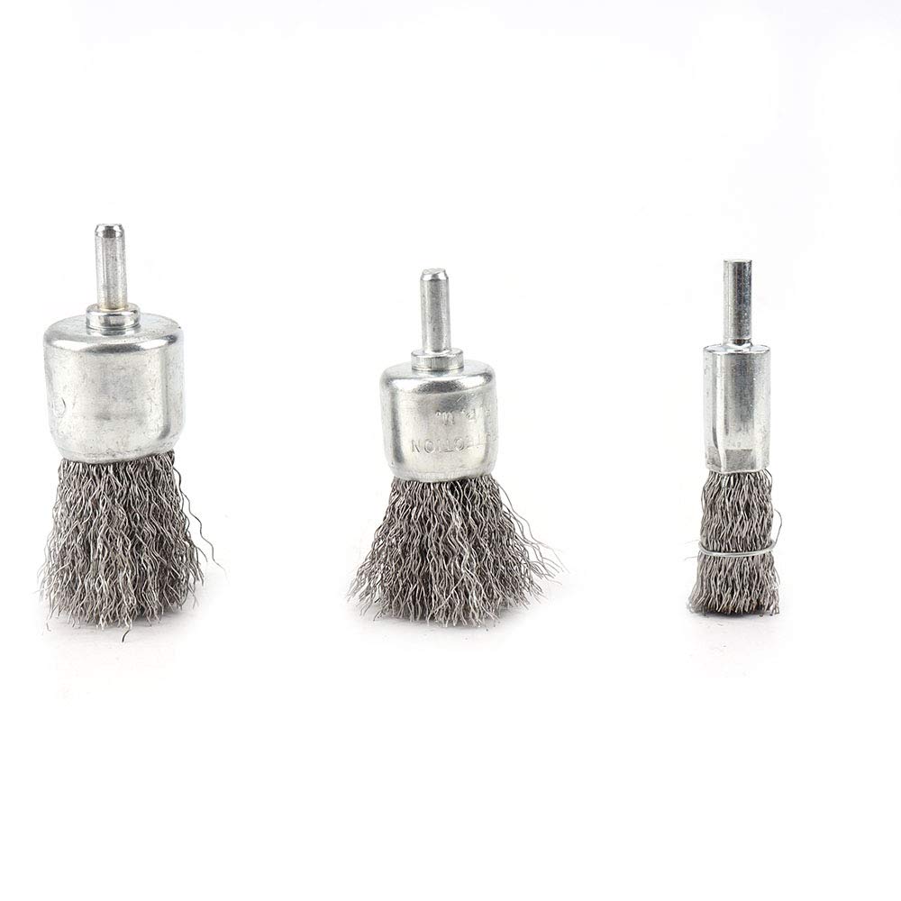 9Pcs Stainless Steel Wire Wheel & Cup Brush Set with 1/4'' Round Shank 0.0118In Coarse Crimped Carbon Steel Drill Brush for Drill Removal of
