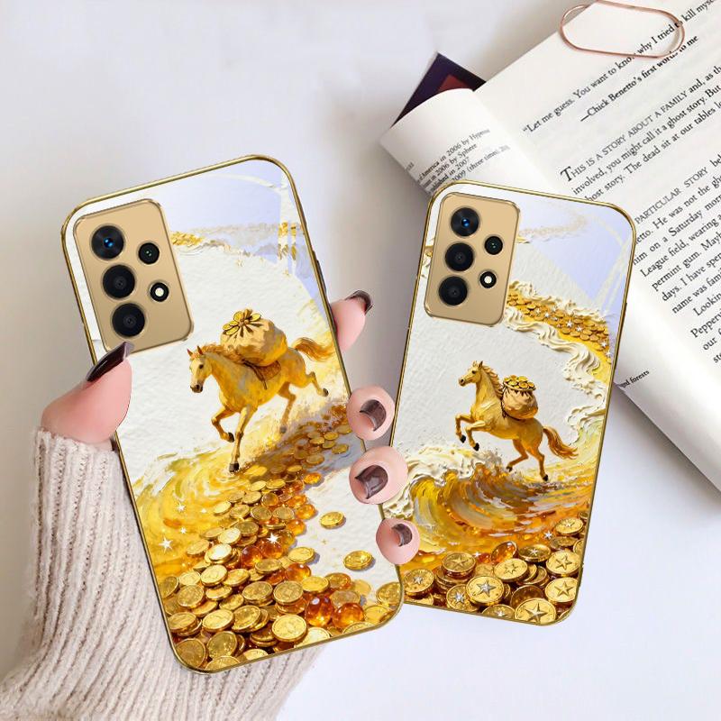 Золотая скачущая лошадь Для Samsung A 01 52S A04 A05S A10 A12 A13 22 23 24 36 42 M02 Note 10 20Ultra 8 9 Золотой стеклянный чехол для телефона
