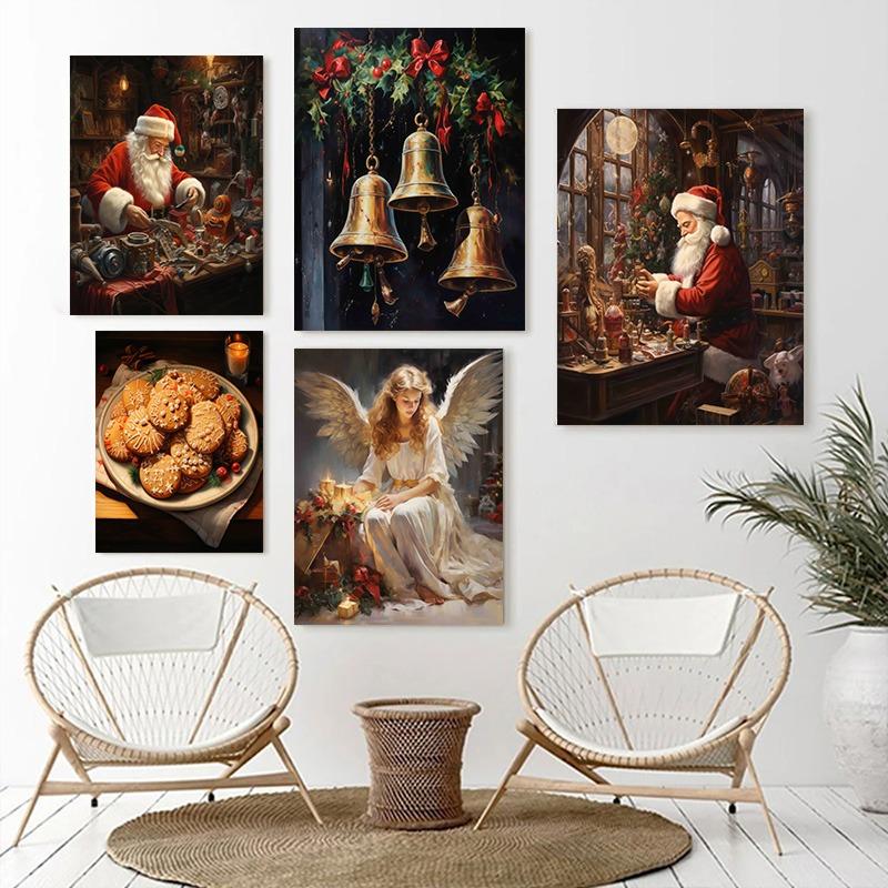 Merry Christmas Holiday Decorative Canvas Painting Nordic Santa Claus City Snow Scene Posters Living Room Wall Art Home Decor