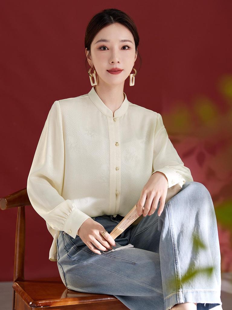 Женская элегантная рубашка из французского шелка - Осень 2025, с длинным рукавом, воротник-стойка, роскошный топ из шелка тутового дерева.