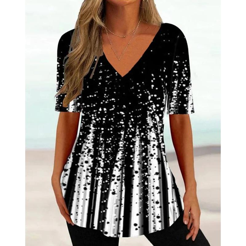 Plus Size Simple Women's T-shirt 3d Wave Curve Tee Fashion V-neck Summer Short Sleeve Loose Streetwear Female Clothes Casual Tshirt Ladies