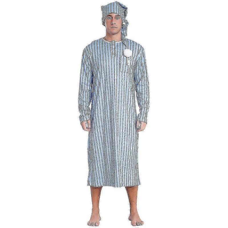 suitable for Men's Henley Sleep Shirt Nightgown Striped Big&Tall Long Sleeve Nightshirt with Night Hat-jcv