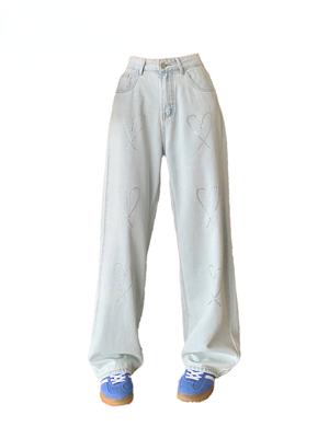 Женские синие джинсы с сердечком, мешковатые винтажные ковбойские брюки с эстетическими бриллиантами, широкие джинсовые брюки в стиле Харадзюку, повседневная дрянная одежда Y2k 2000-х годов