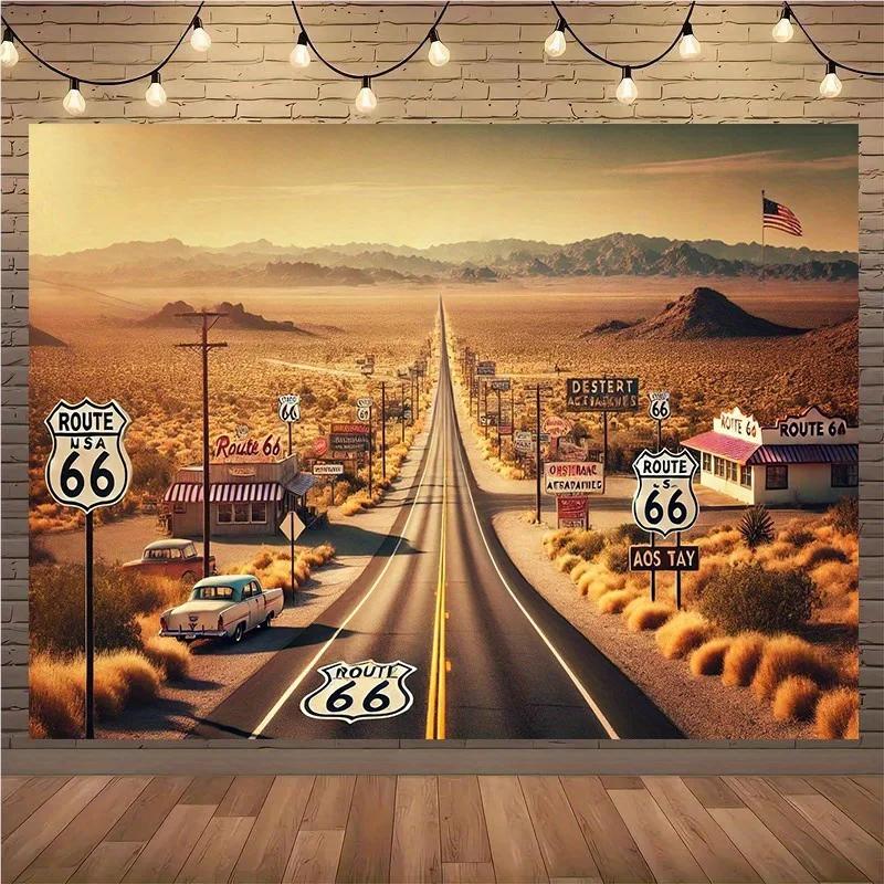 1, Route 66 background cloth, background decoration, room, photo studio prop - suitable for home decoration, parties