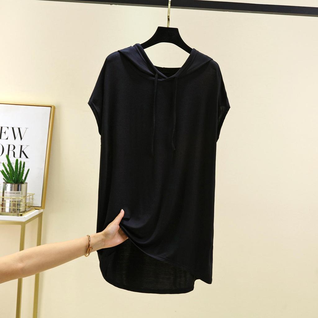 Женская футболка с капюшоном из модала с коротким рукавом для защиты от солнца - Весна/Лето, Большой размер, Слим-фит, Повседневный свободный крой