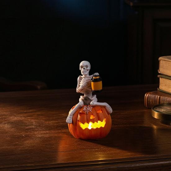 Halloween Pumpkin Skeleton Figurine, LED Light-Up Decorative Pumpkin Lantern, Spooky Holiday Decoration for Halloween Parties & Ghost Festivals