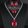 Fashion Square Red Corundum Zircon Sets Luxury Elegant Cocktail Party Three-piece Zircon Set Rings Stud Earrings Necklaces