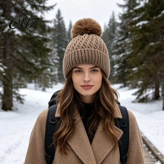 Winter Warm Beanies for Women Cable Knit Hat, Fleece Lined Hat with Pompom, Outdoor Windproof Cap Cozy Stretchy Skull Cycling Skiing Hiking