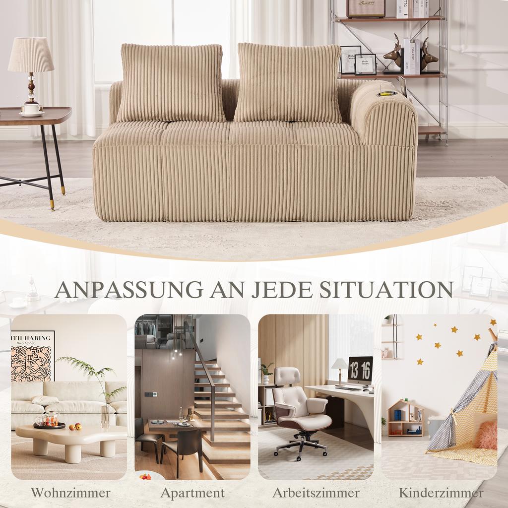 Cozy Corduroy Two-Seater Sofa – No Assembly, Soft Back Cushions, Side Storage Pocket for Remote Control and Phone, Cup Holder – Neat and Aesthetic.