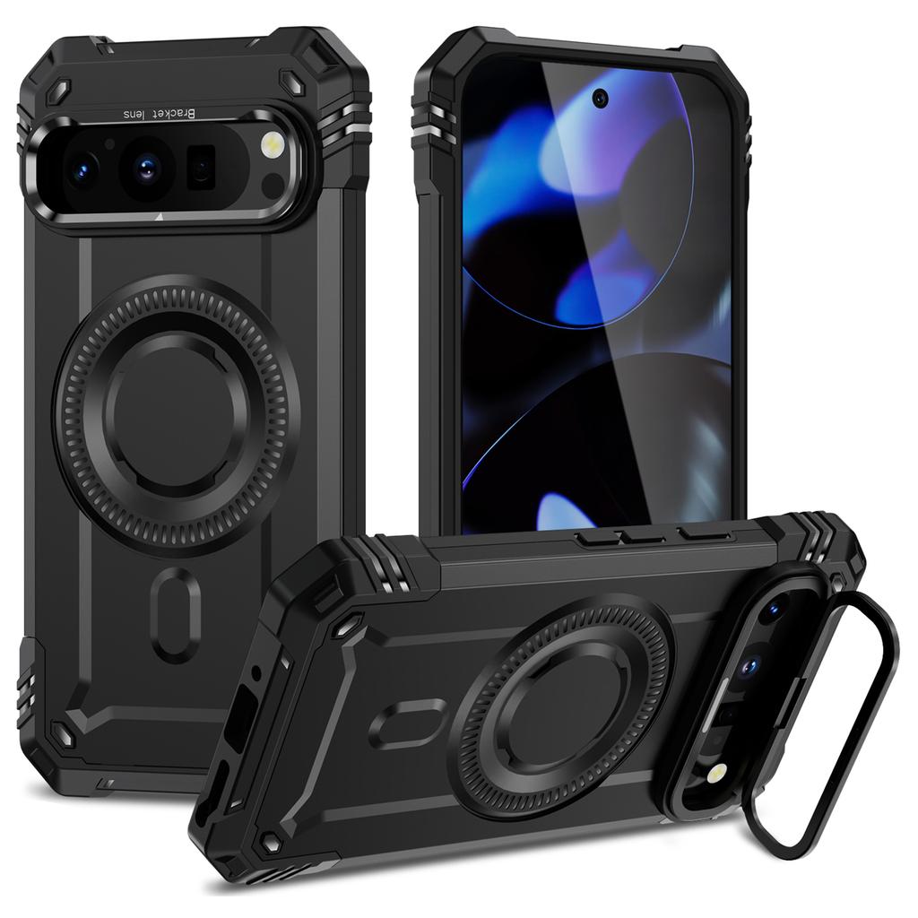 For Google Pixel 9/9 Pro Case Compatible with MagSafe Metal Lens Frame Kickstand PC+TPU Mobile Cover
