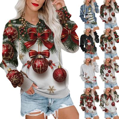 Женская рождественская толстовка с V-образным вырезом, длинный рукав, повседневный легкий пуловер